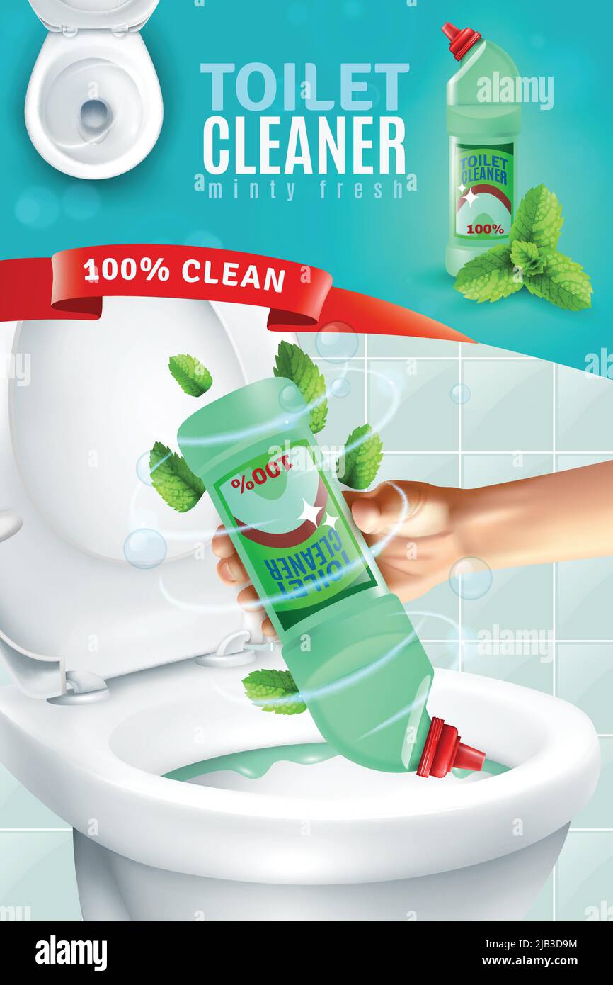 Realistische frische Duft WC Reiniger Zusammensetzung vertikale Werbung Poster mit Menschliche Hand Anwendung Reiniger auf Toilettenschüssel Vektor-Illustration Stock Vektor