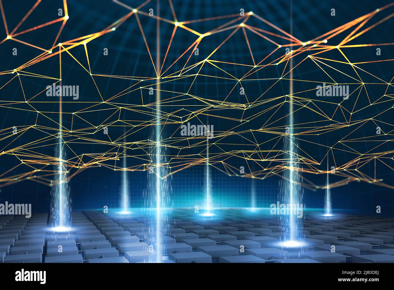 Das globale Informationsnetzwerk basiert auf Blockchain-Technologie. Visuelles Konzept der Datenverarbeitung und -Speicherung. Dezentrale Datenbank Stockfoto