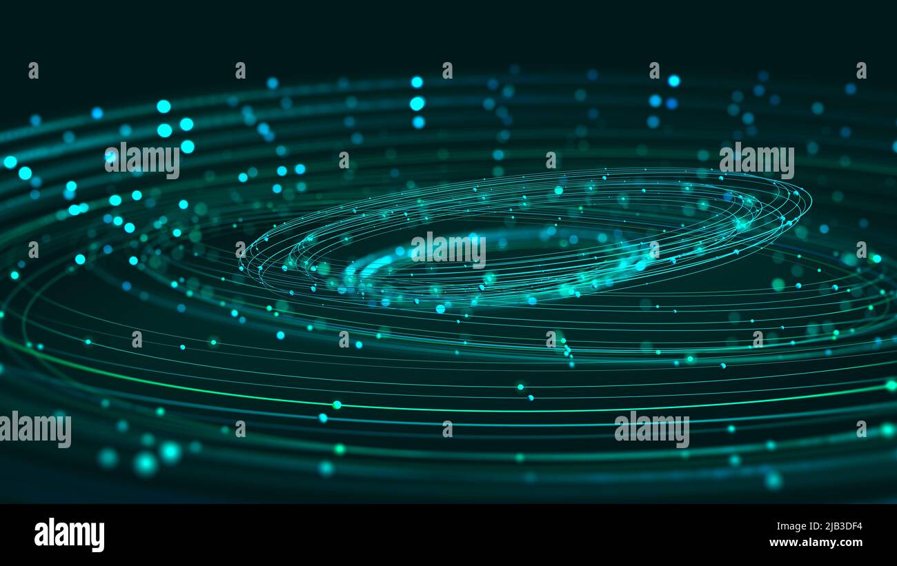 Datenstrom. Digital Mind. Schaffung von künstlicher Intelligenz. Riesige Datenmengen, digitaler Trichter, Informationswhirlpool. Umlaufbahn, Flugbahn, Fluss Stockfoto