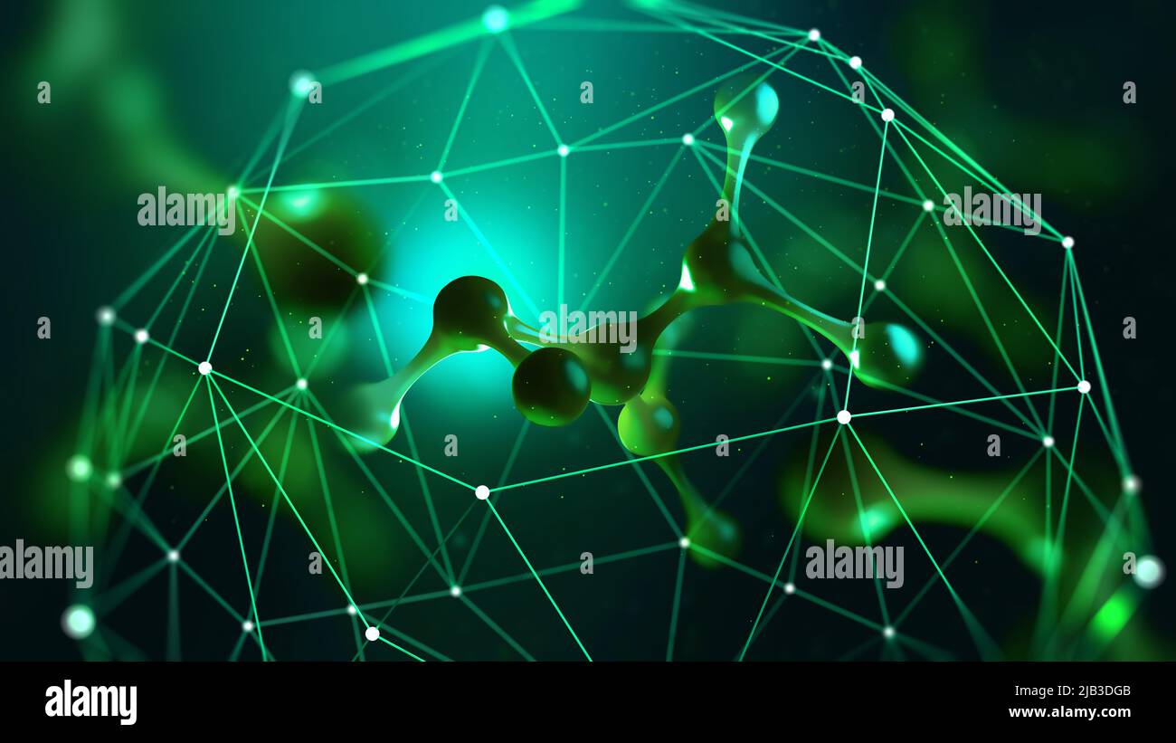 CYBERTECH und Medizin der Zukunft. Nanotechnologie in der Mikrobiologie. Molekulare Struktur, Laborforschung. Molekül, Gitter, Zelle, Atom Stockfoto