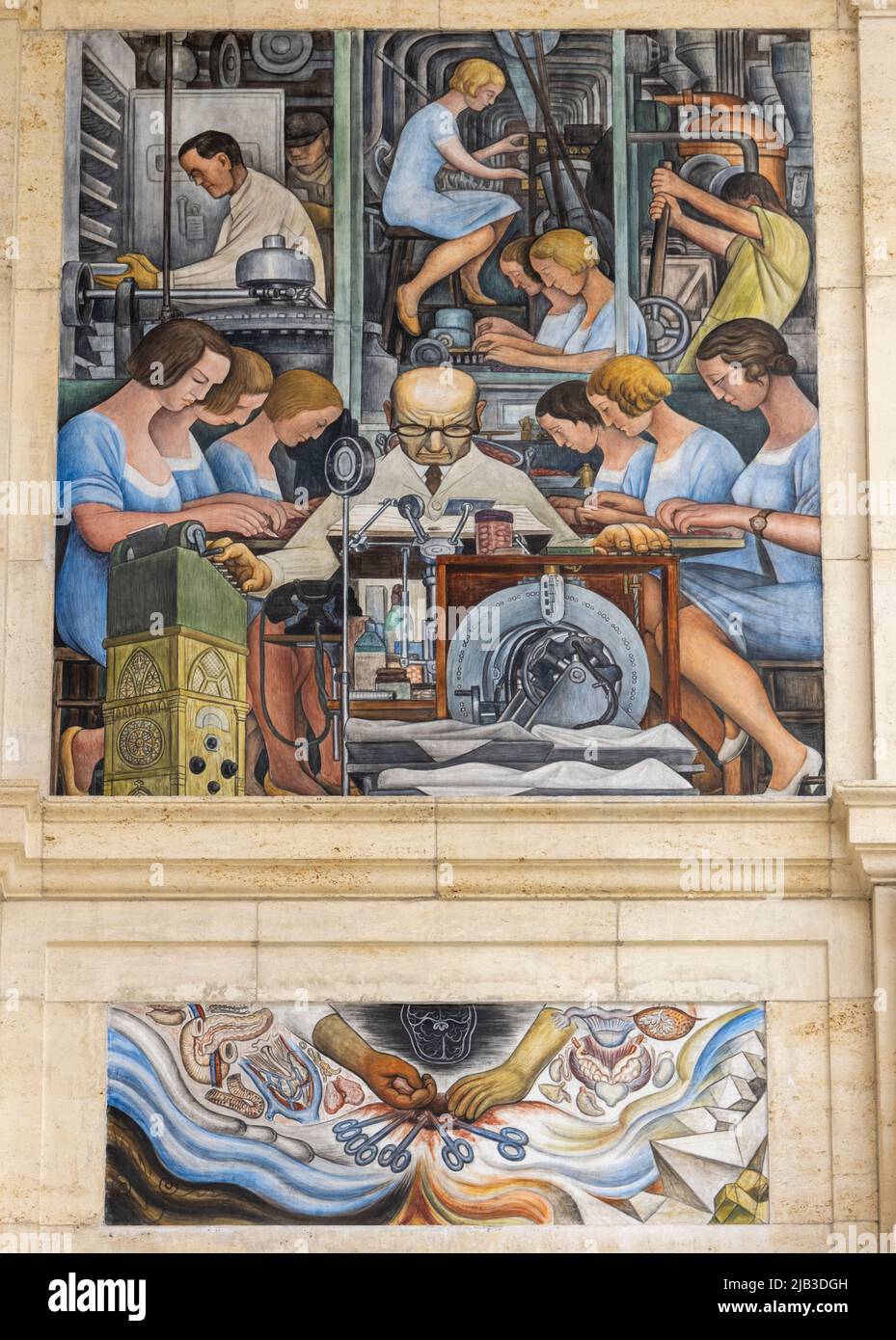 Detail der Detroit Industry Murals (1932–1933), Fresken des mexikanischen Künstlers Diego Rivera, die Pharmazie darstellen, Detroit Institute of Art, USA Stockfoto