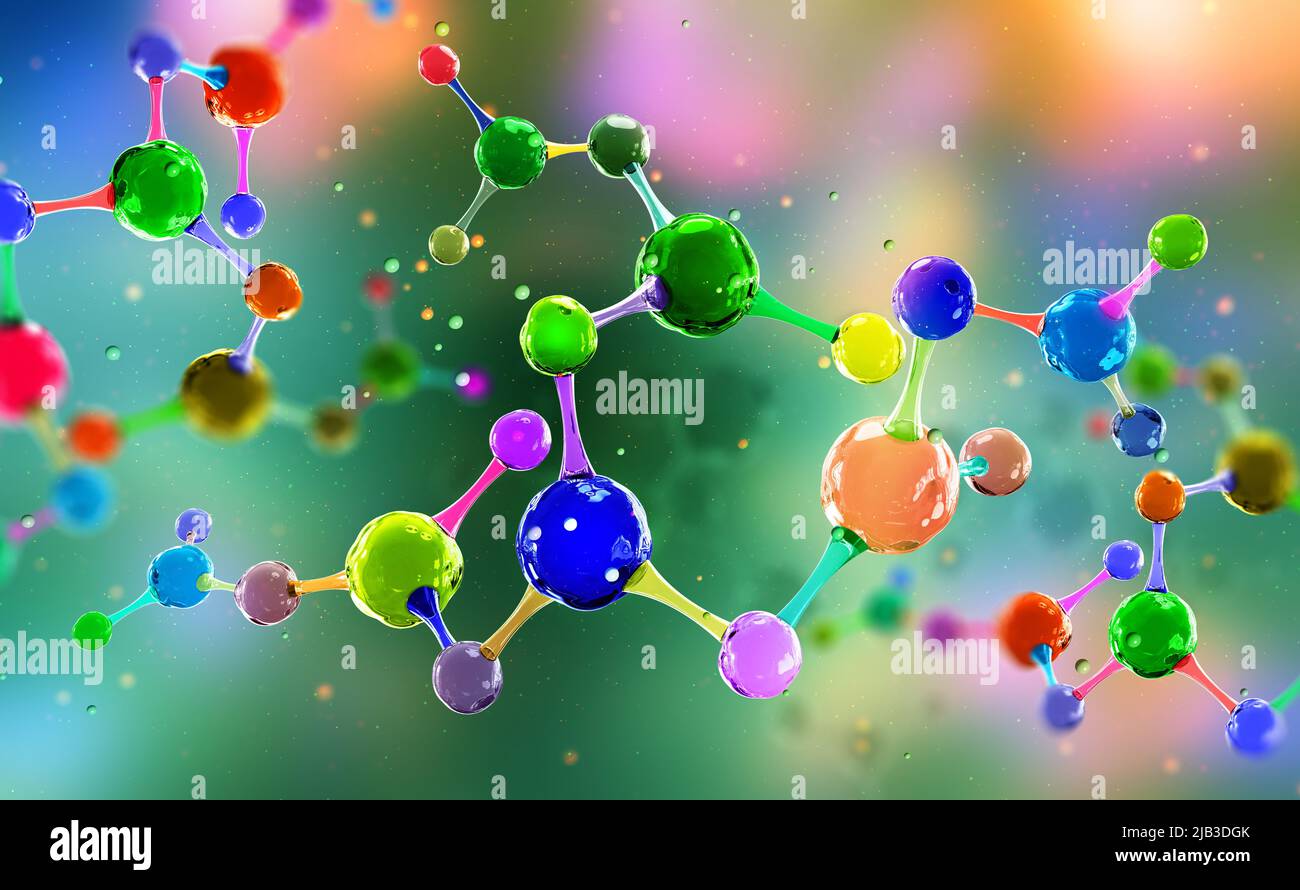 Abbildung des Moleküls 3D. Wissenschaftlicher Durchbruch auf dem Gebiet der molekularen Synthese. Nanotechnologie in der medizinischen Forschung biochemischer Prozesse Stockfoto