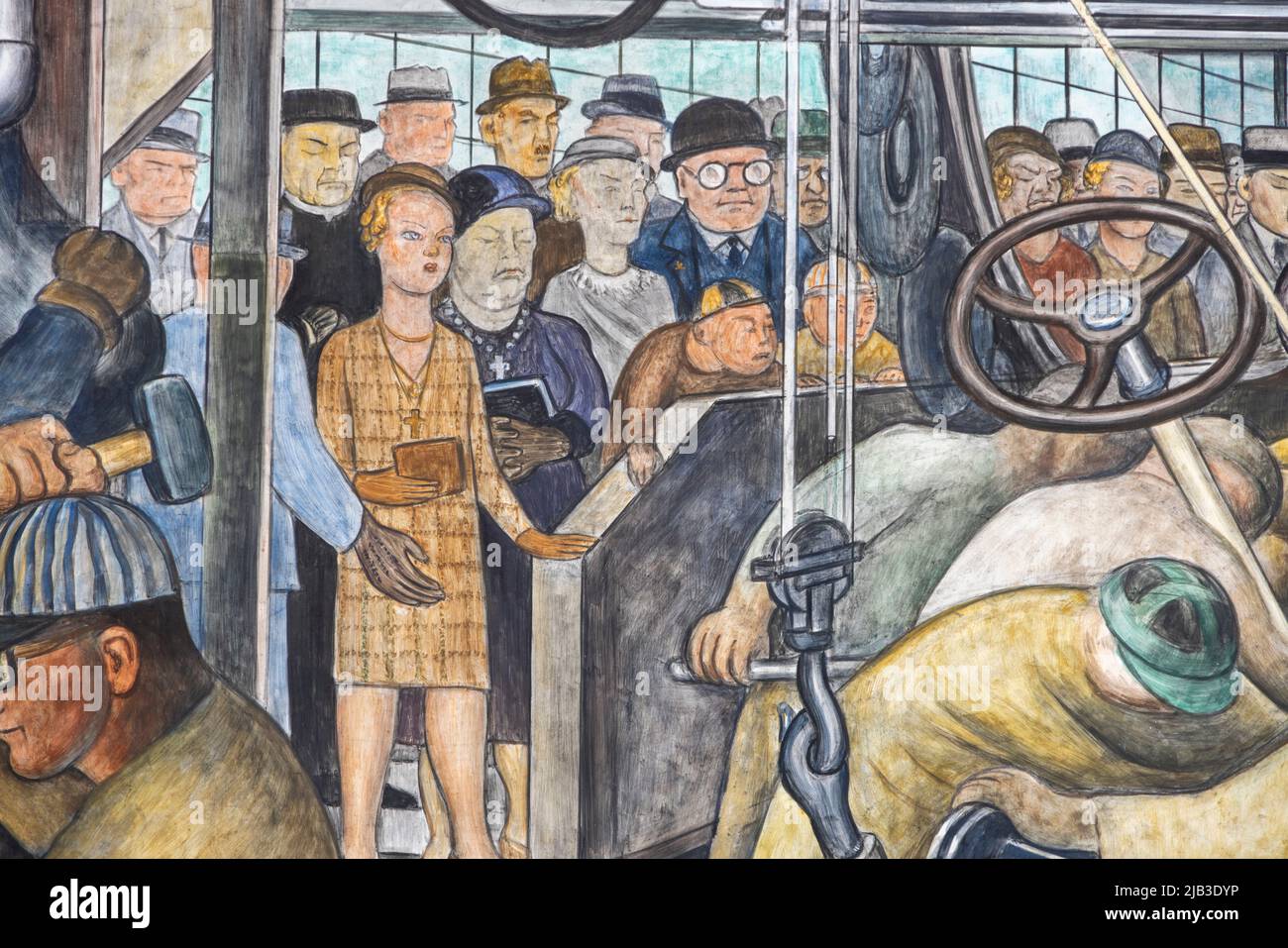 südwand, Detail der Zuschauer, die Detroit Industry Murals (1932–1933), Fresken von Diego Rivera, die die Ford Motor Company, USA, darstellen Stockfoto