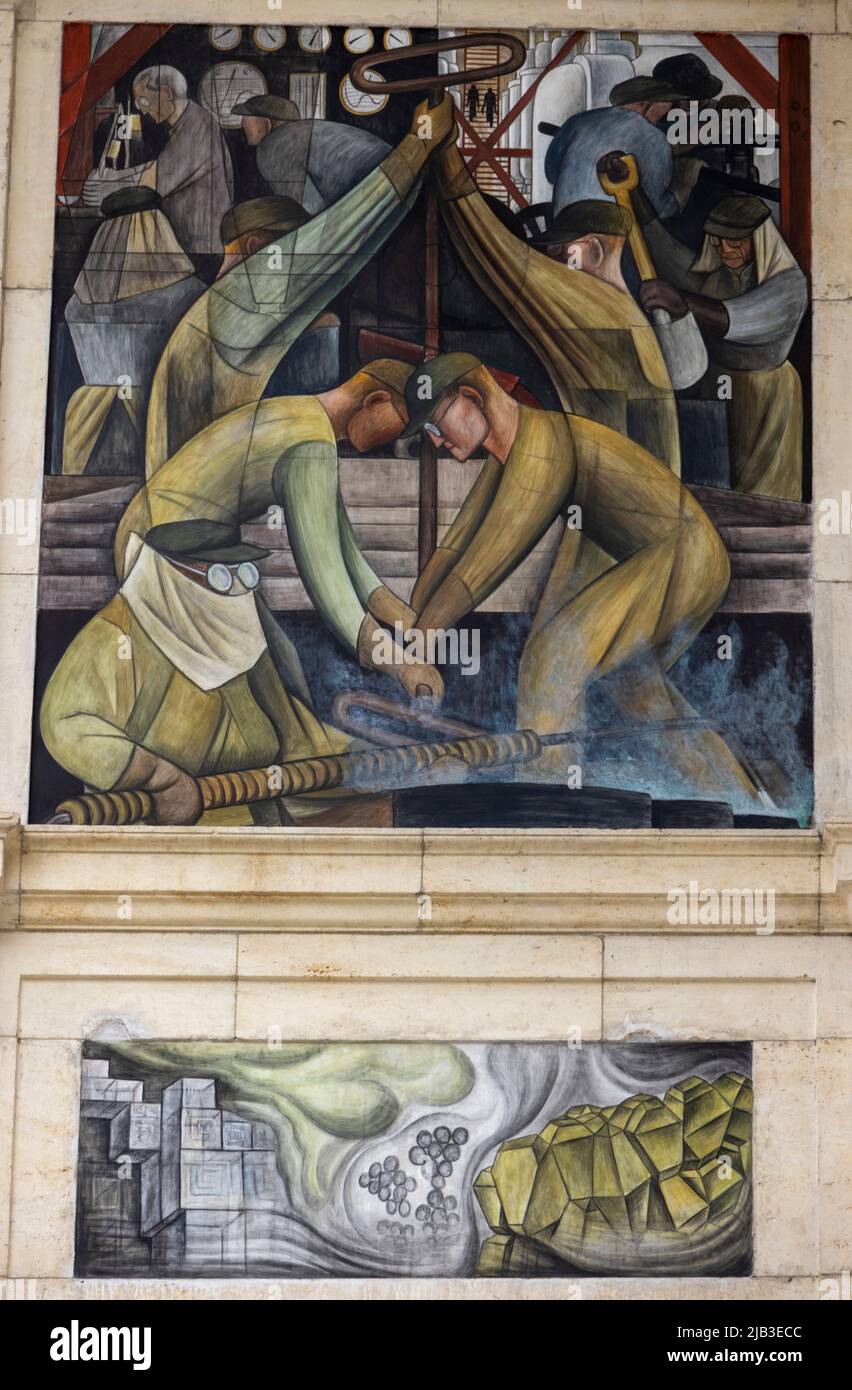 Detail, Südwand, kommerzielle chemische Betriebe, die Detroit Industry Murals (1932–1933), Fresken von Diego Rivera, im Detroit Institute of Art, USA Stockfoto