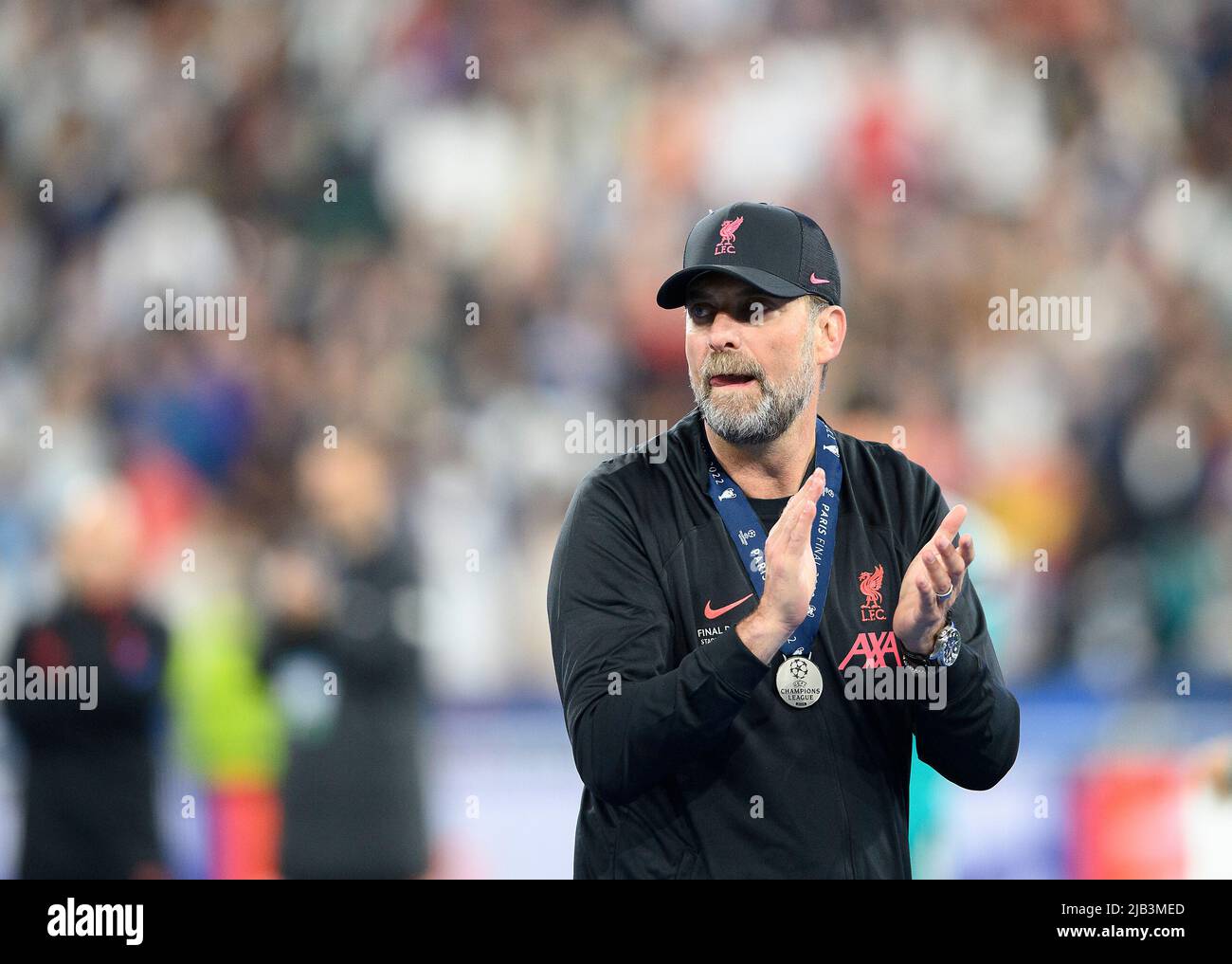 Siegerehrung, Trainer Jürgen KLOPP (JÃ rgen)(LFC) klatscht, klatscht, Geste, Geste, Fußball Champions League Finale 2022, FC Liverpool (LFC) - Real Madrid (Real) 0: 1, am 28.. Mai 2022 in Paris/Frankreich. Â Stockfoto
