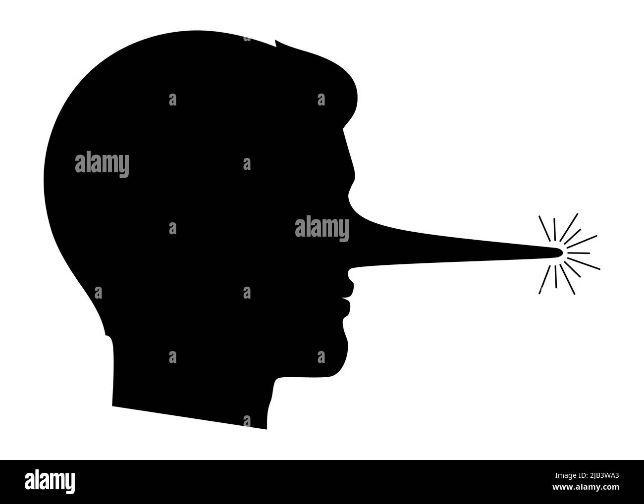 Lügner Mann mit einer langen Nase, schwarze Silhouette Konzept Vektor Illustration. Stock Vektor