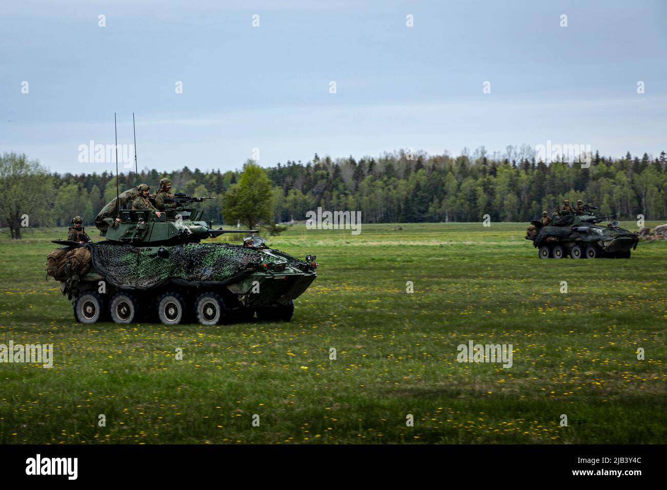 US-Marineinfanteristen mit dem Bodenkampfelement der Marine Expeditionary Unit (MEU) 22. führen während der Übung Hedgehog 22 in Saaremaa, Estland, 21. Mai 2022 Aufklärungspatrouillen in leicht gepanzerten Fahrzeugen durch. Die 22. MEU nimmt an der von Estland geführten Übung Siil 22 (Igel 22 auf Englisch) Teil. SIIL 22 bringt Mitglieder der estnischen Verteidigungsstreitkräfte und US-Matrosen und Marineinfanteristen unter der Task Force 61/2 zusammen, um die Interoperabilität der Alliierten zu verbessern und die Sicherheit und Stabilität im Baltikum zu erhalten. (USA Marine Corps Foto von Sgt. Armando Elizalde) Stockfoto