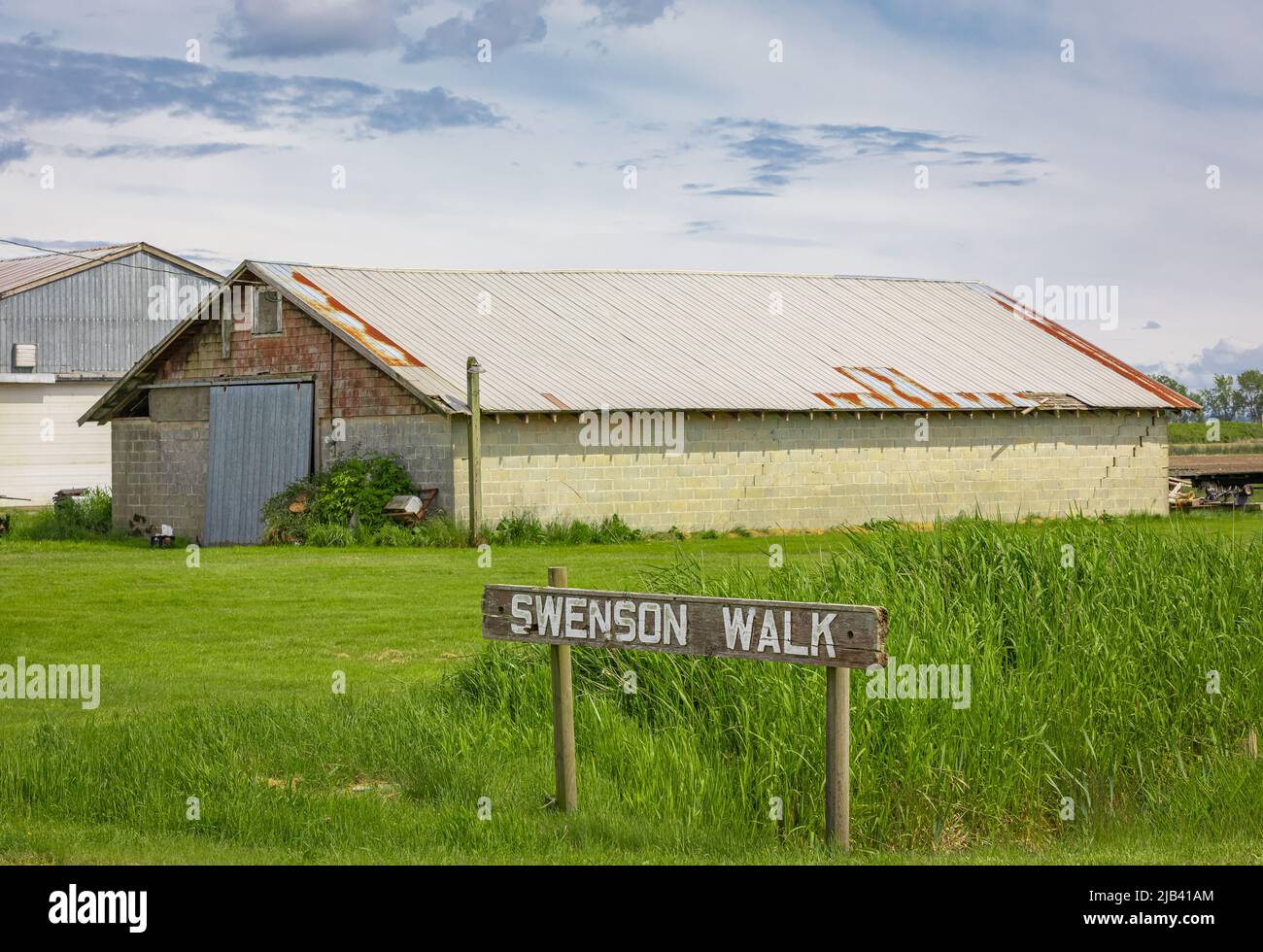 Handgemachtes Holzschild im Sommerwald, Park in Kanada. Swenson Walk Park in British Columbia-May 29,2022-Street View, Reisefoto, niemand, selektiv Stockfoto