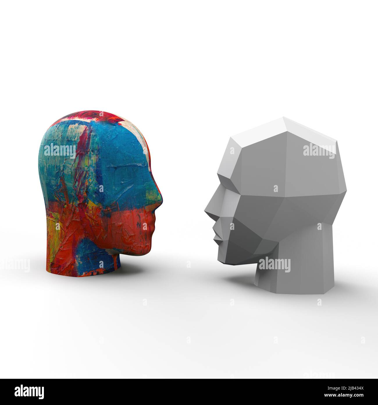 Emotionslos und stumpfer Kopf gegen bunte und chaotische 3D Illustration Stockfoto