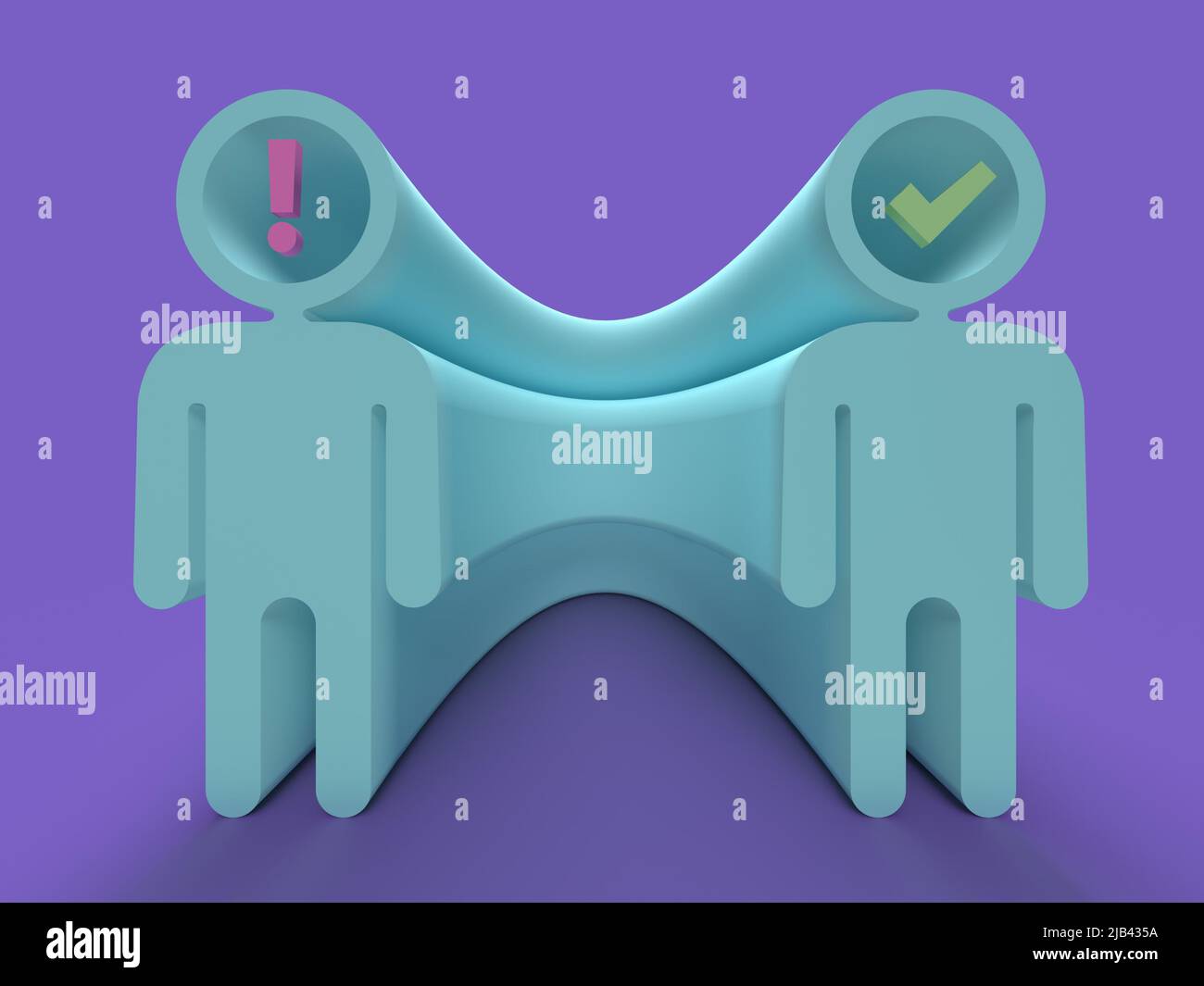 Häkchen und Ausrufezeichen im Kopfübergang von der Ablehnung zur Annahme 3D Abbildung Stockfoto