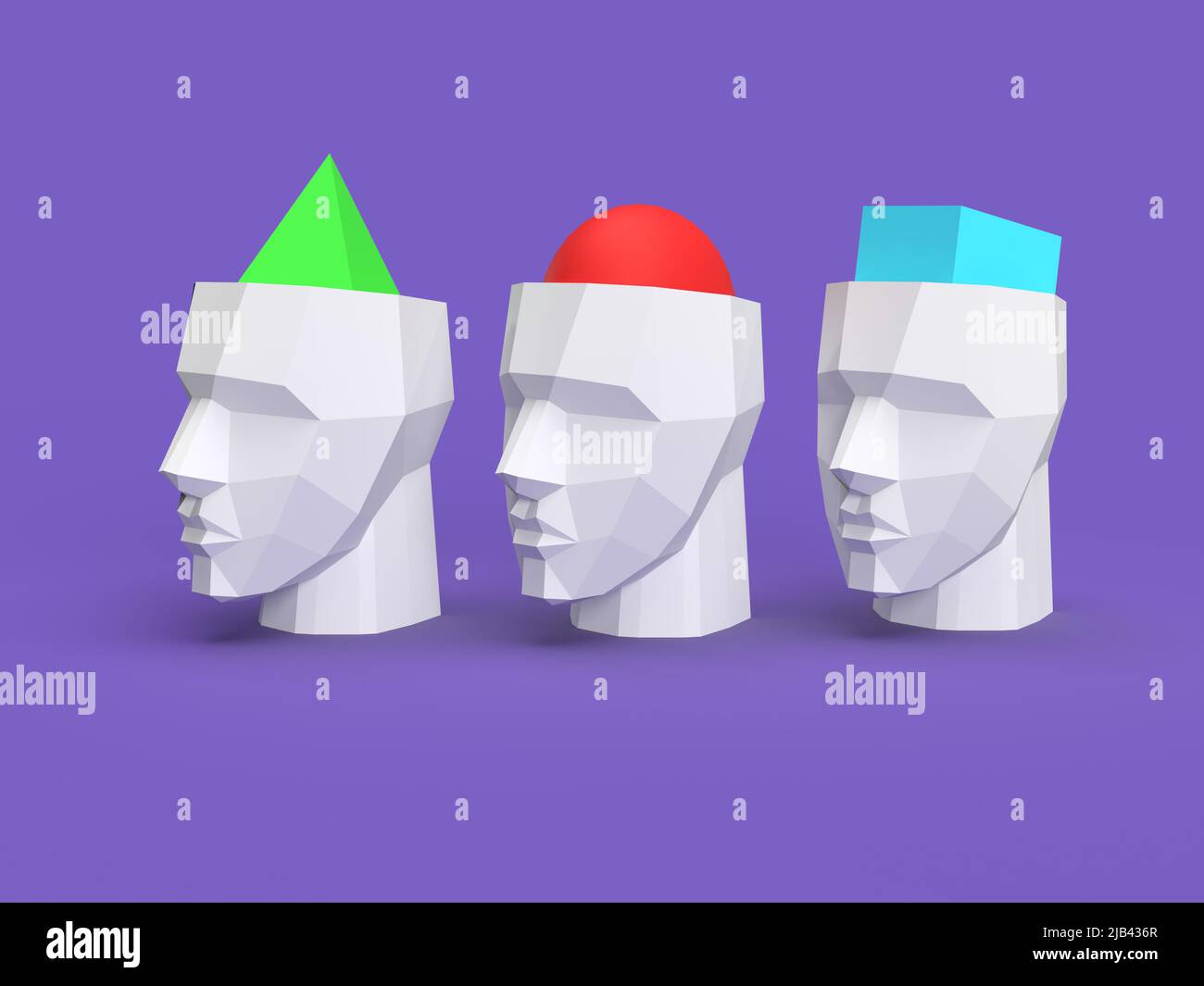 Meinungsvielfalt: Menschen mit unterschiedlichen Überzeugungen 3D Illustrationsköpfe gefüllt mit unterschiedlichen geometrischen Figuren Stockfoto