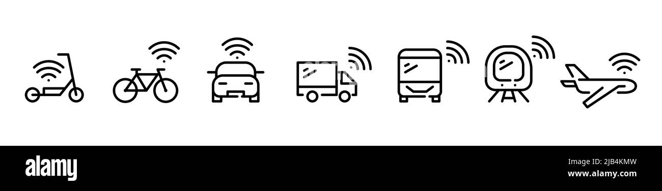 Intelligente Verkehrsmittel. Drahtlose Verbindung und selbstfahrende Fahrzeuge. Pixel-perfekte, bearbeitbare Strichlinien-Art-Symbole gesetzt Stock Vektor