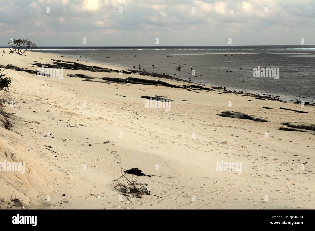 Marosi Strand in Lamboya, West Sumba, East Nusa Tenggara, Indonesien. Dieser Strand könnte zu den halben Sandstränden der Welt gehören, die bis zum Ende des Jahrhunderts verschwinden könnten, wenn der Klimawandel unvermindert weitergeht, wie Klimawissenschaftler in ihrer Publikation über Nature Climate Change vom März 2020 berichteten. Stockfoto