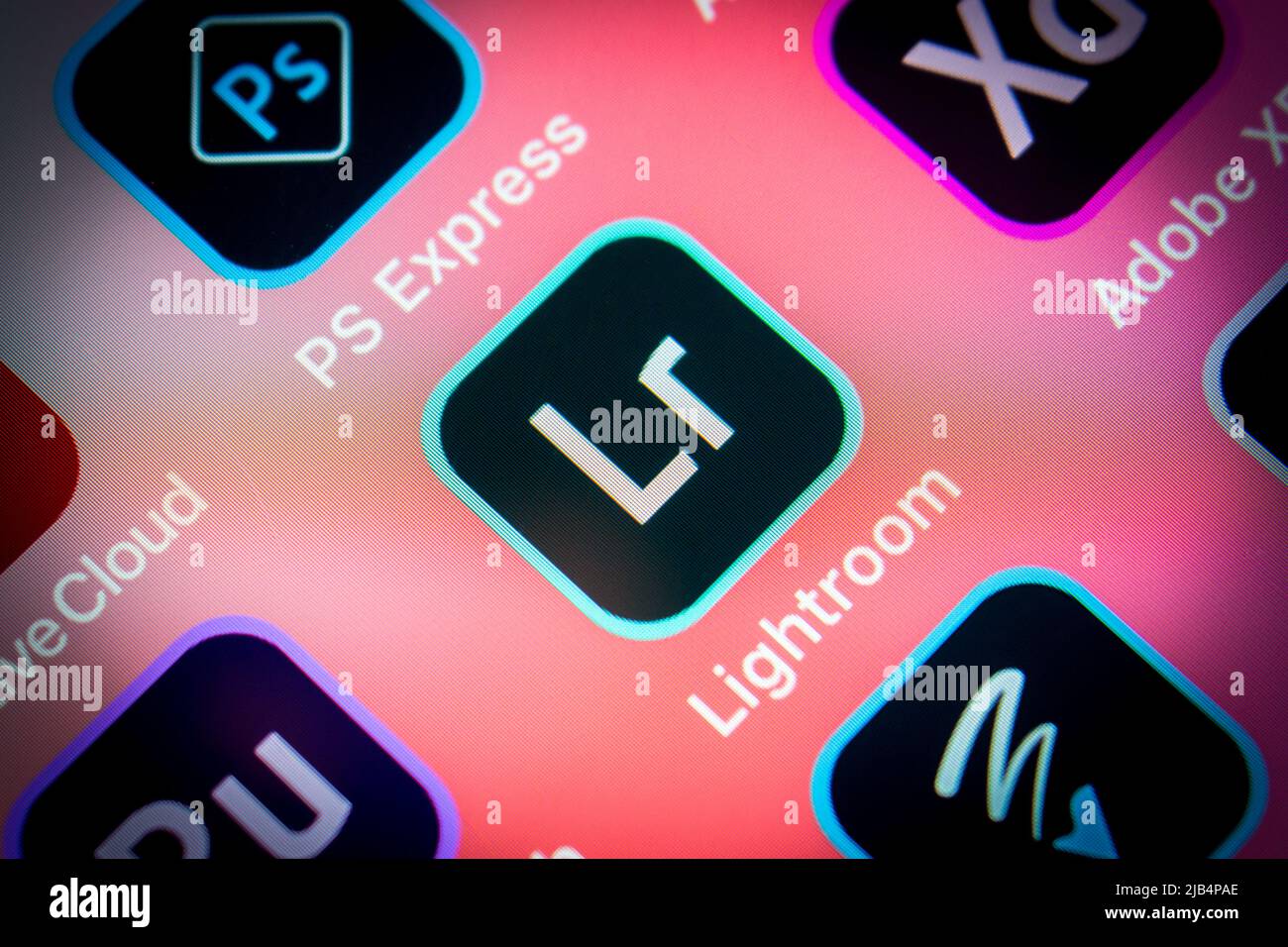 App von PS Lightroom, der Bildorganisation (Importieren, Speichern, Anzeigen, Organisieren, Bearbeiten) und Manipulations-App von Adobe mit Adobe-Apps auf dem iPhone Stockfoto