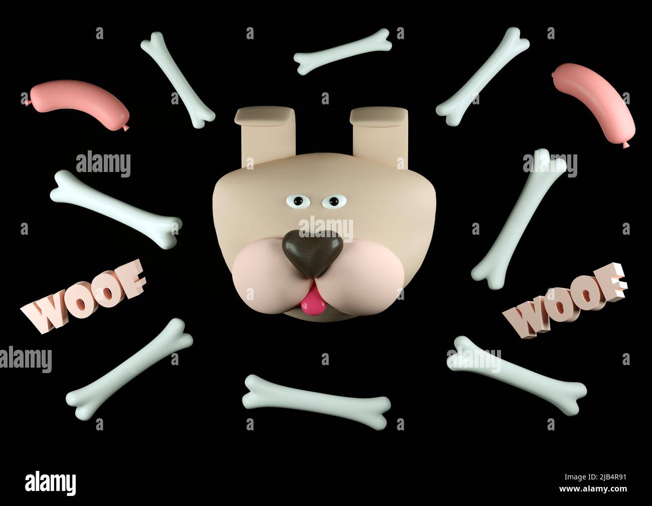 Hund mit Knochen und Wurst 3D Darstellung Stockfoto