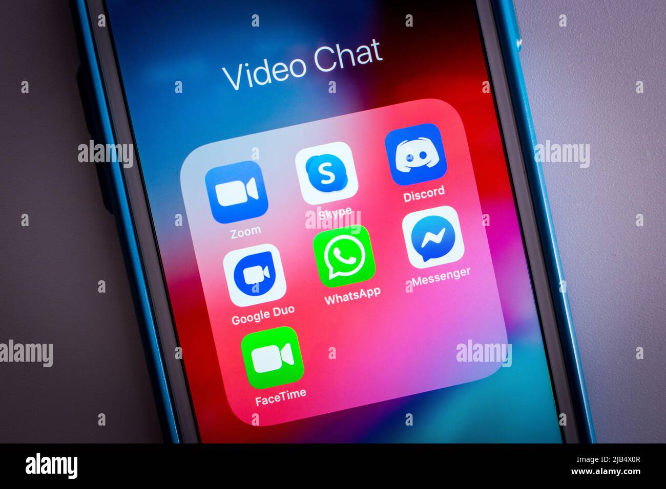 Kumamoto, Japan – 29 2020. Juli: Die beliebten Video-Chat-/SNS-Apps (Zoom, Skype, Discord, Google Duo, WhatsApp, Facebook Messenger & FaceTime) auf dem iPhone Stockfoto