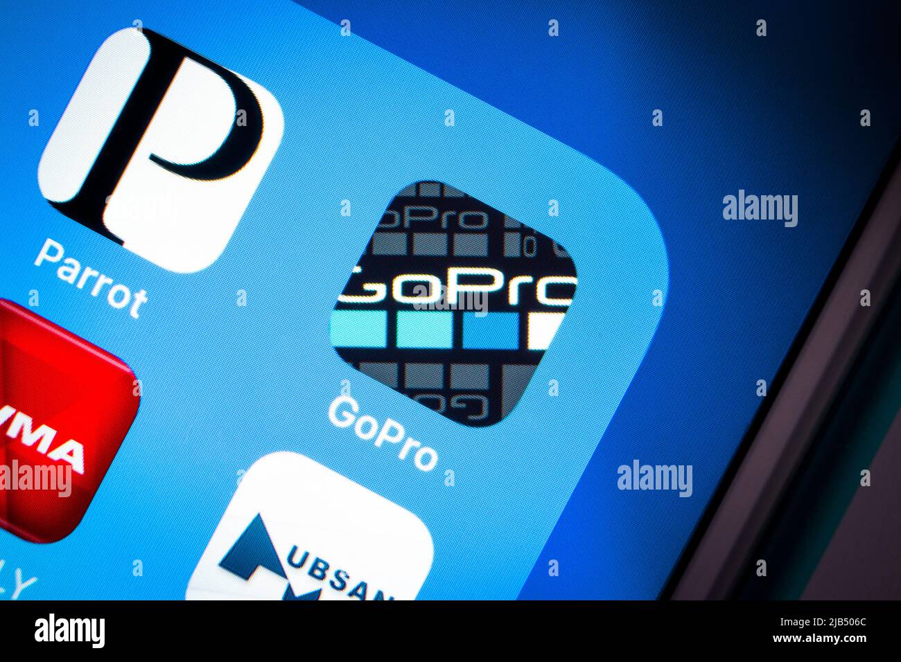 GoPro App, ein US-Unternehmen, das 2002 von Nick Woodman gegründet wurde, auf iOS. GoPro stellt Action-Cam her und entwickelt mobile Apps und Videobearbeitungssoftware. Stockfoto