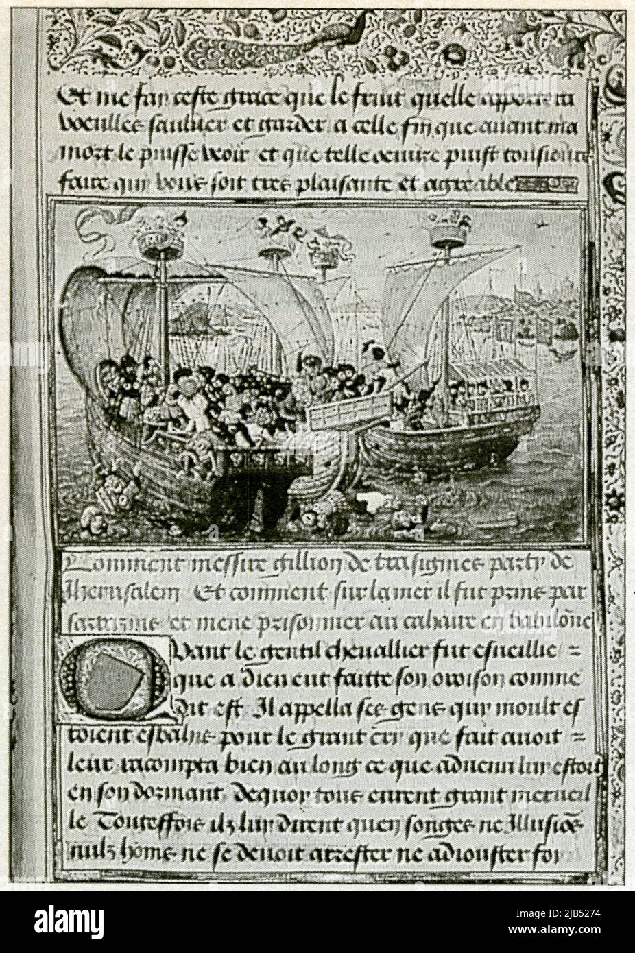 Miniatur extraite d'un Manuscrit, peinte, XVe siècle, montre la Capture de Gilion de Trazegnies par les Sarrazins, devant Jérusalem. Stockfoto
