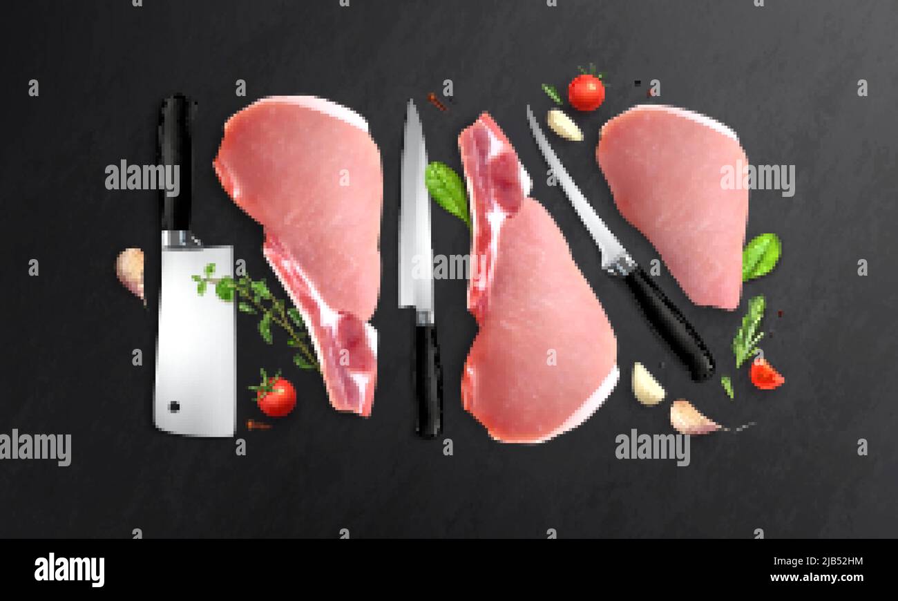 Fleisch realistische Zusammensetzung mit Draufsicht auf schwarzen Tisch mit Messern unterschiedlicher Größe und Steaks Vektor-Illustration Stock Vektor