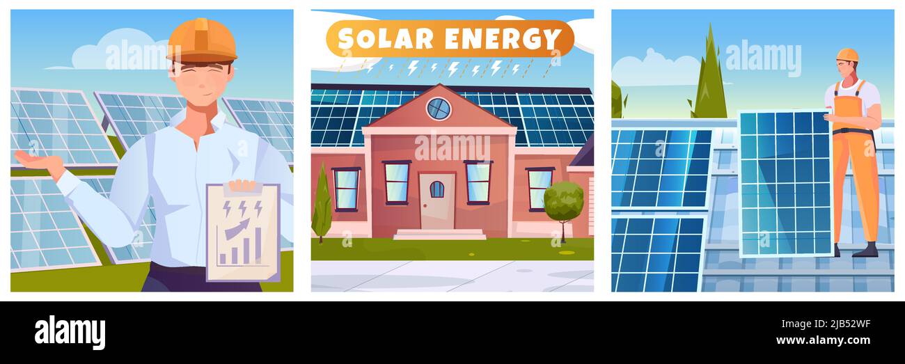 Solarenergie drei flache Illustrationen mit Männern arbeiten Installation Solarzelle auf Dach isoliert Vektor-Illustration Stock Vektor