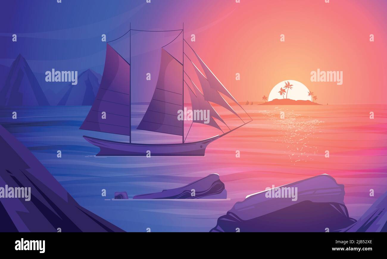 Sonnenuntergang auf der Südsee Bunte Cartoon-Komposition mit Segelboot in der Nähe von felsigen Küsten Vektor-Illustration Stock Vektor