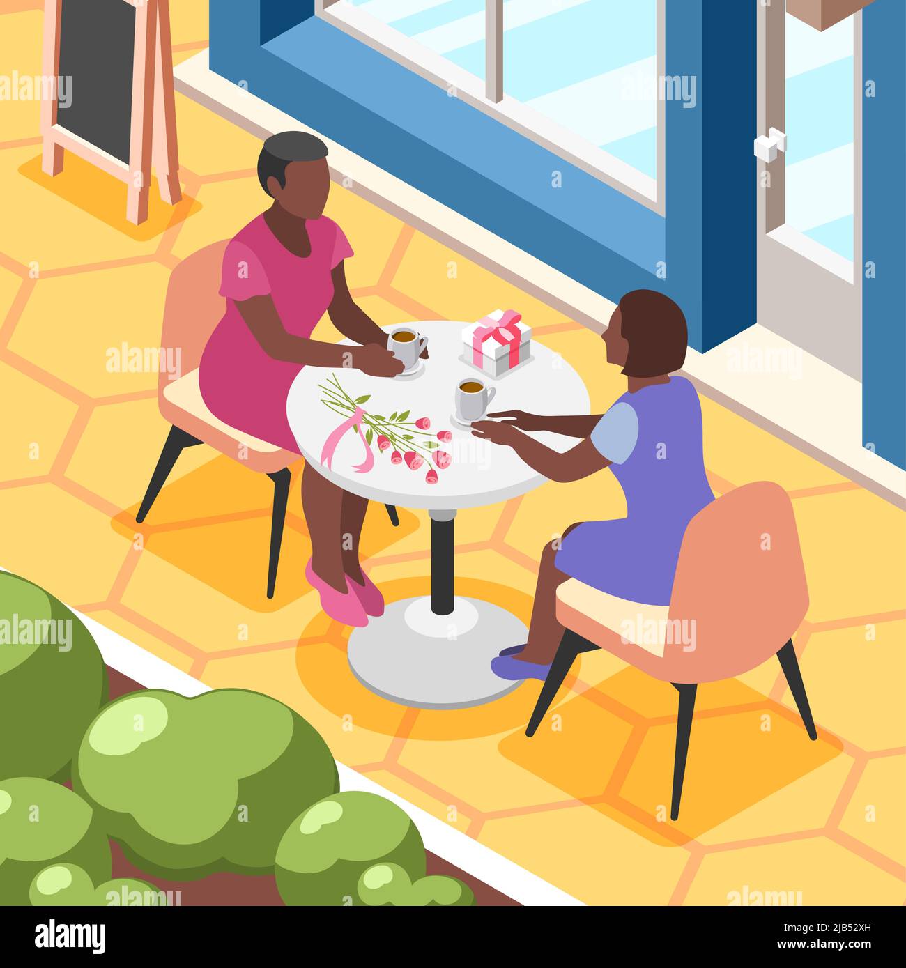 Internationale Frauen Tag isometrische Hintergrund Komposition mit Blick auf Outdoor-Café mit Frauen sitzen am Tisch Vektor-Illustration Stock Vektor