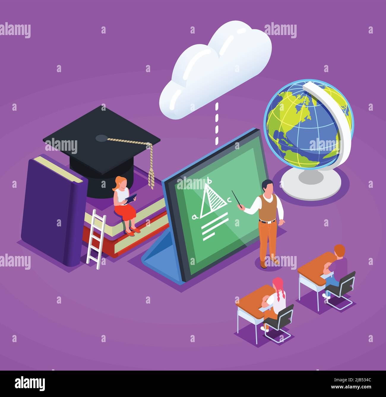 Online-Bildungskonzept mit isometrischen Symbolen von Tablet-Bücher Globus Zeichen von Lehrer und Schüler 3D Vektor-Illustration Stock Vektor