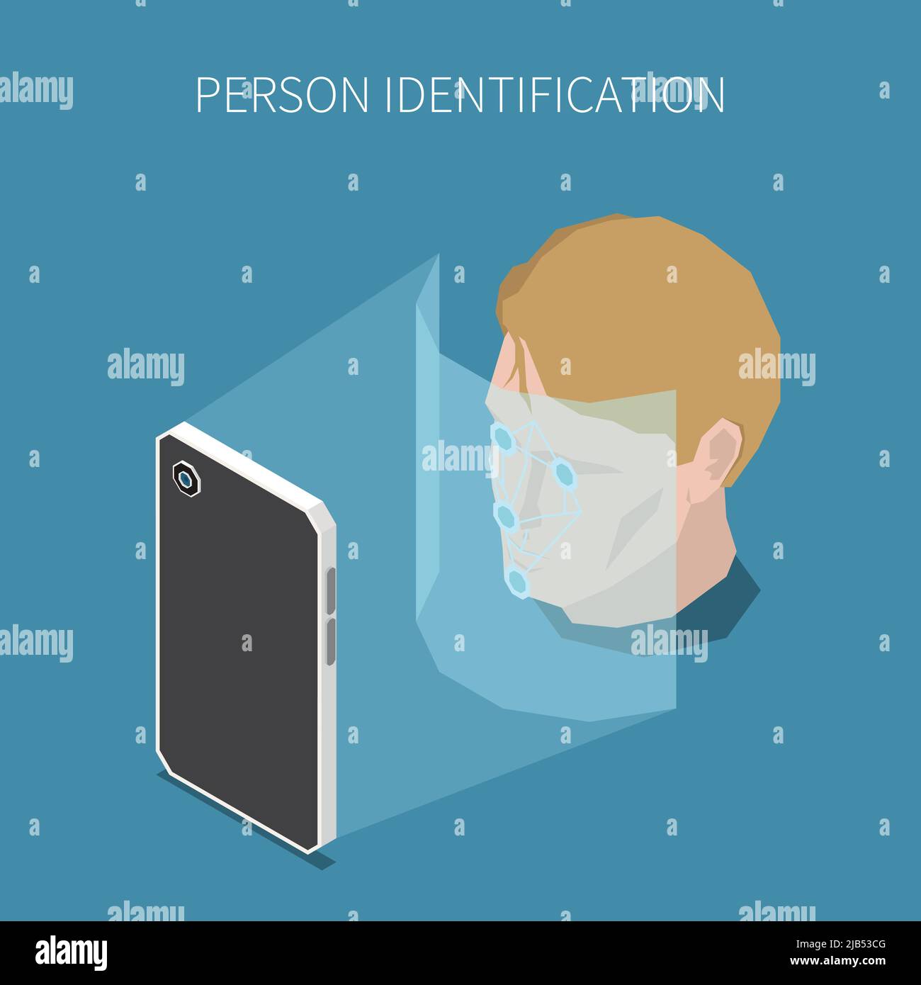 Biometrische Authentifizierung isometrische Komposition mit editierbarem Text und menschlichem Kopfbild, das mit der Vektorgrafik des Smartphone-Bildschirms gescannt wird Stock Vektor