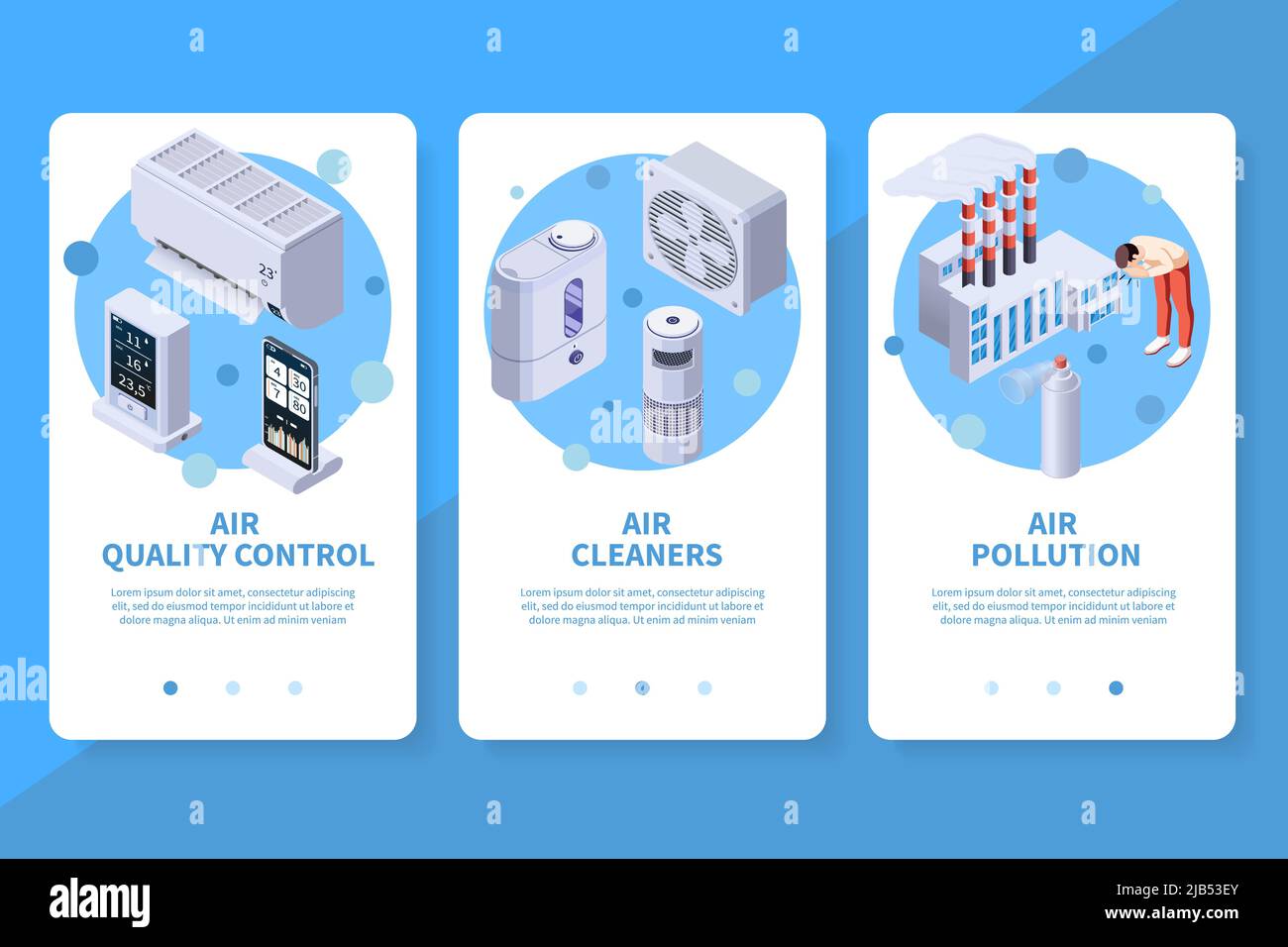 App-Design für Luftreinigung und Qualitätskontrolle Satz aus drei vertikalen Bannern mit Gadgets und Reinigungsgeräten – Vektordarstellung Stock Vektor