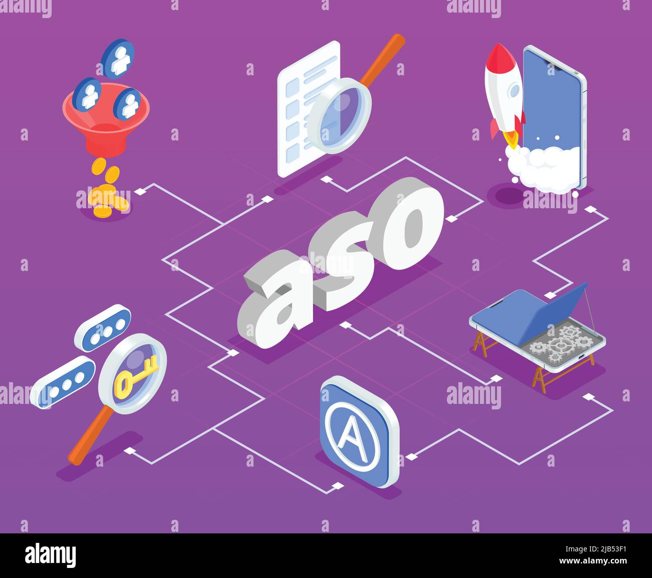 App Store Optimierung isometrisches Flussdiagramm mit Suchwachstum Technologie Smartphone Symbole 3D Vektor-Illustration Stock Vektor