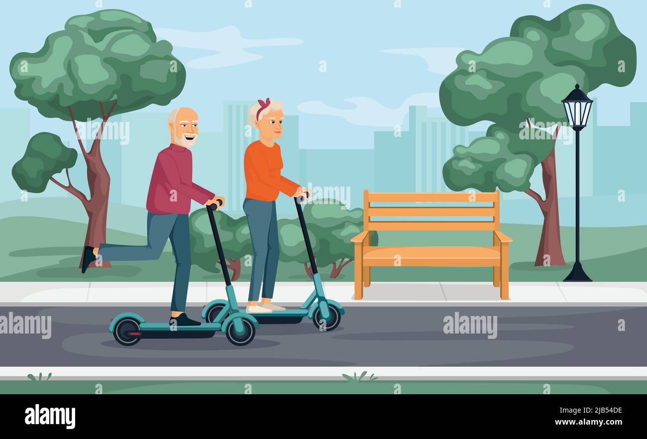 Ältere Menschen Scooter Komposition mit Outdoor-Stadtpark Landschaft mit Stadtbild und alte paar Reiten kickboards Vektor-Illustration Stock Vektor