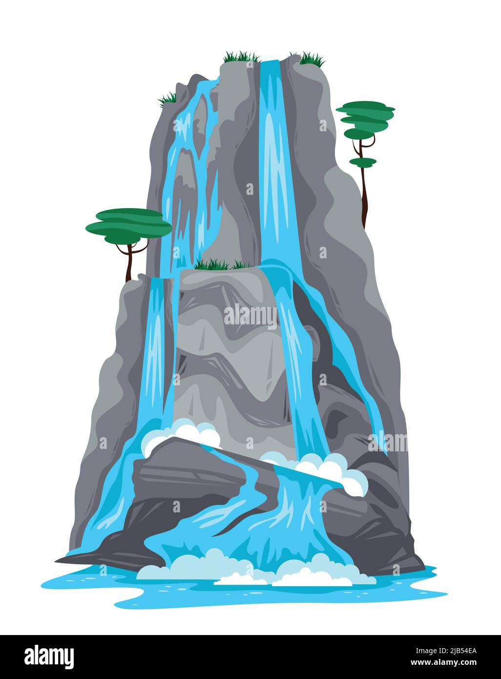 Natur Cartoon Objekt von Wasserfall fällt von der Spitze des Berges isoliert auf weißem Hintergrund Vektor-Illustration Stock Vektor