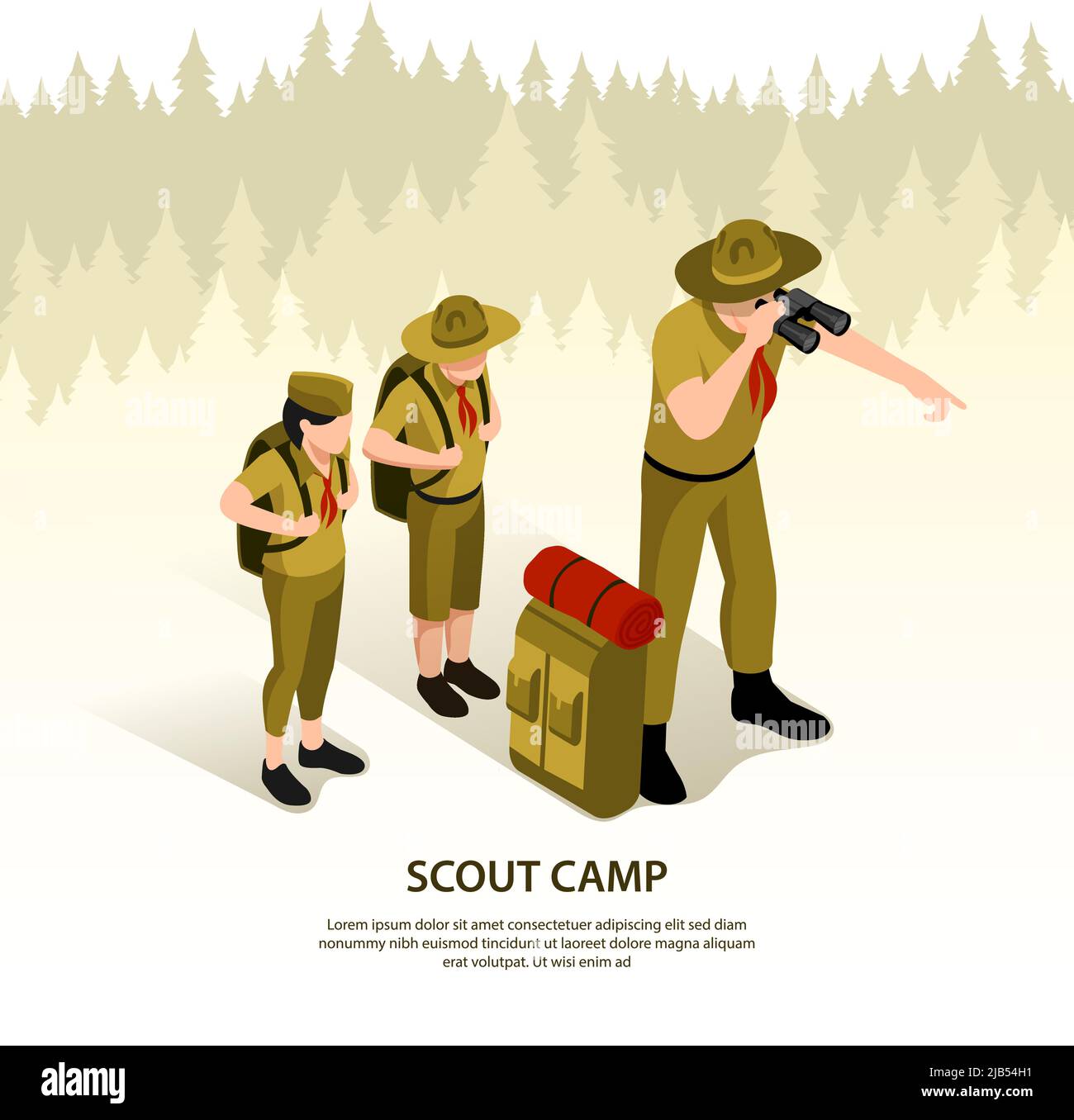 Scouts isometrischer Hintergrund mit einem erwachsenen Mentor, der durch ein Fernglas die Umgebung auf der Suche nach einer Vektordarstellung des Lagers betrachtet Stock Vektor