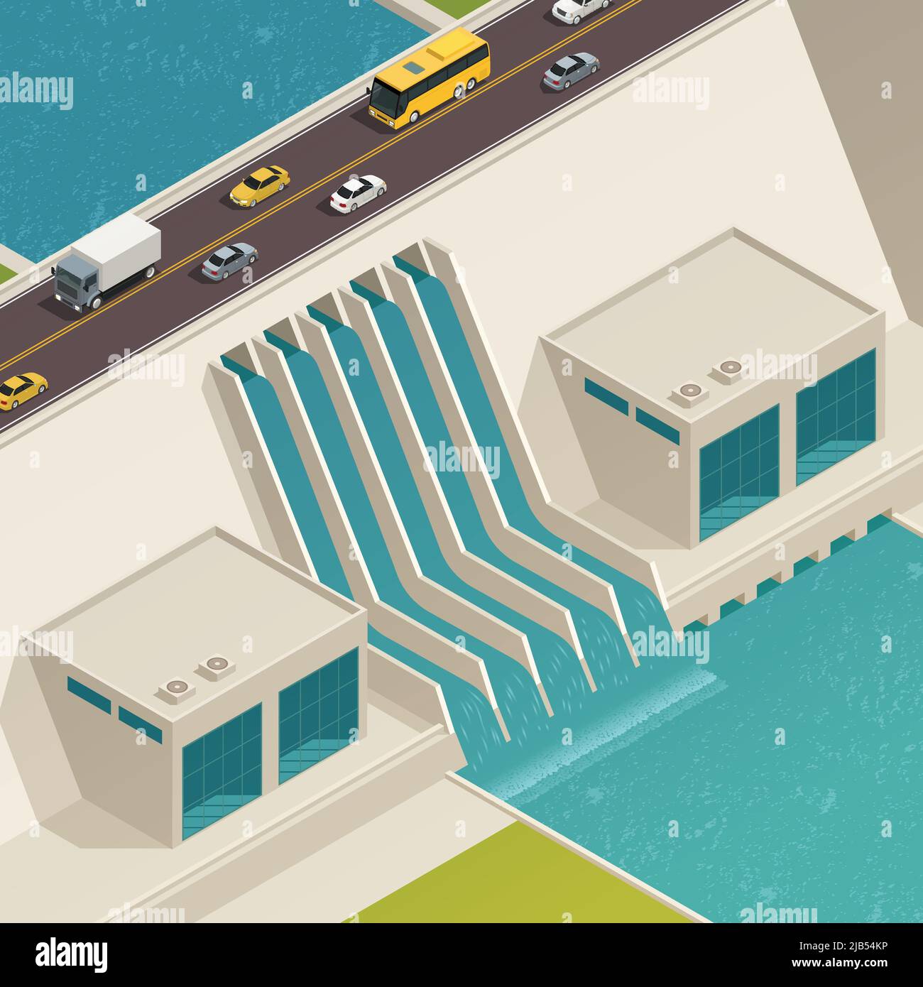 Green Energy Ecology isometrische Zusammensetzung Wasseraufbereitungsstruktur mit einer Brücke auf der Oberseite Vektor-Illustration Stock Vektor