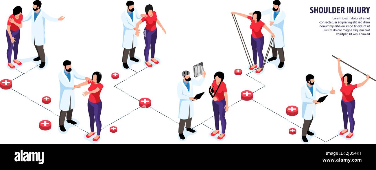 Infografiken für Schulterverletzungen mit medizinischem Personal zur Unterstützung der Rehabilitation von Patienten Vektordarstellung Stock Vektor