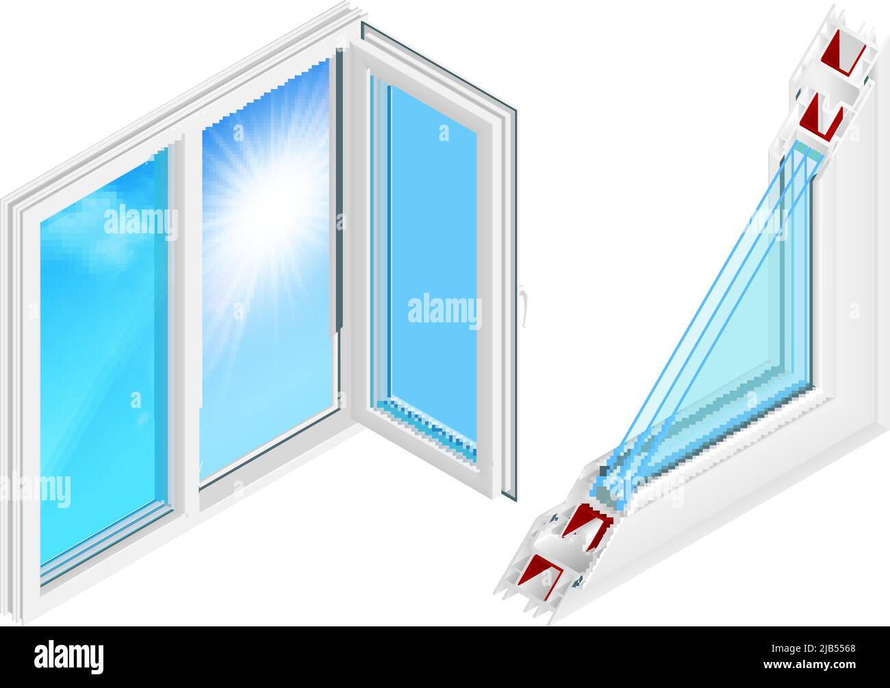 Kunststoff-Fenster Installation Design-Konzept mit geöffneten Flügel und Querschnitt Profil isometrische farbige Elemente isoliert Vektor-Illustration Stock Vektor