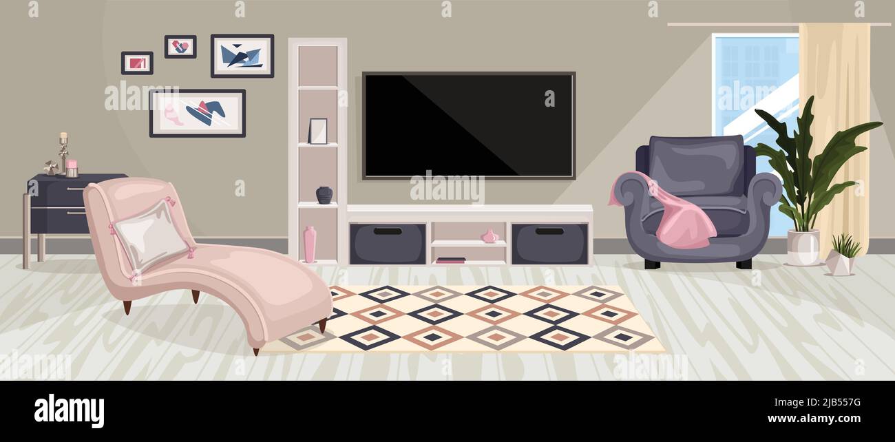 Möbel Inneneinrichtung Zusammensetzung mit horizontaler Ansicht des Wohnzimmers mit Designer-Möbel Gemälde und tv-Set Vektor Illustration Stock Vektor