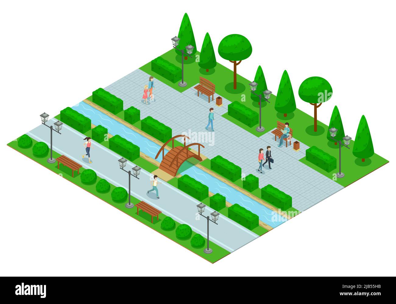 Landschaftsgestaltung Park isometrische Zusammensetzung mit einem Teil des Parks mit Bäumen Rasenwege und Brücken über den Fluss Vektor-Illustration Stock Vektor
