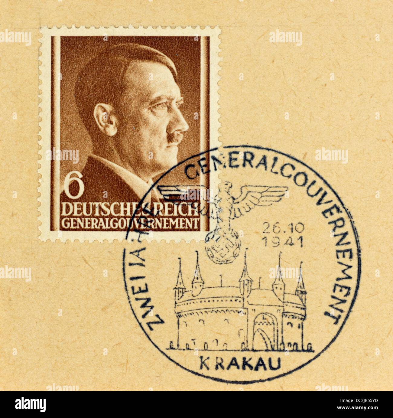 Ein Stempel des Generalgouvernement aus dem 1941. Reich, ausgestellt von Adolf Hitler, mit einem Stempel aus Krakau, 1941. Stockfoto