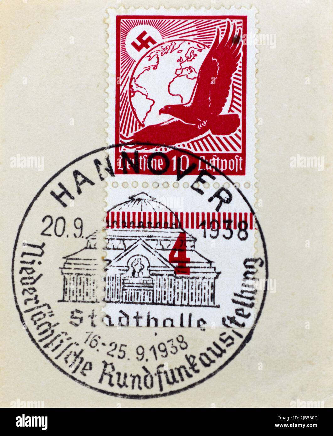 10 rpf Deutsche luftpost Dritte Reich Briefmarke (1933-1939) mit Stornomarke Hannover ab 1939. Stockfoto