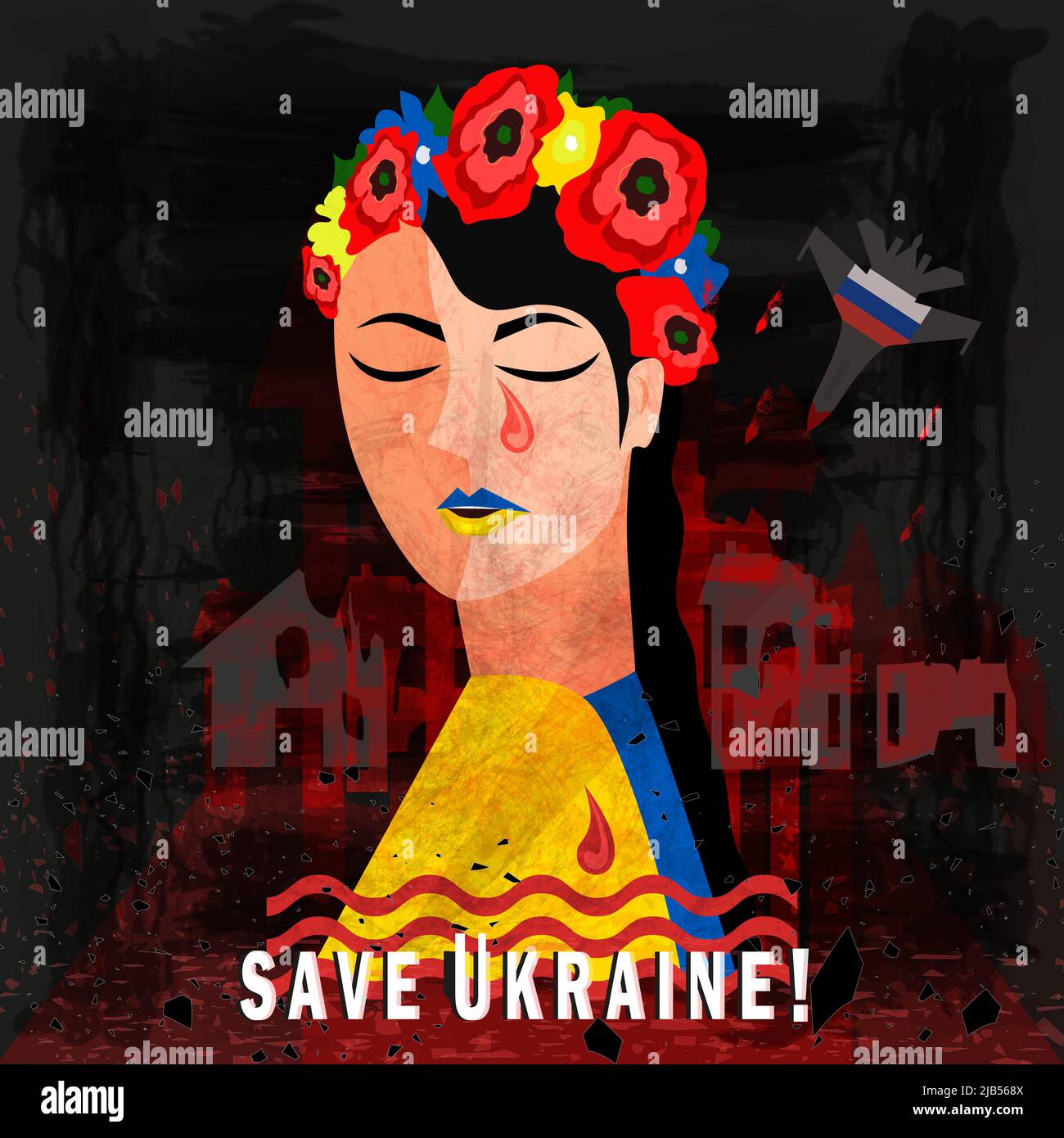 Rettet Die Ukraine. Russland griff die Ukraine an. Das Konzept von Krieg, Tragödie und Trauer des ukrainischen Volkes Stock Vektor