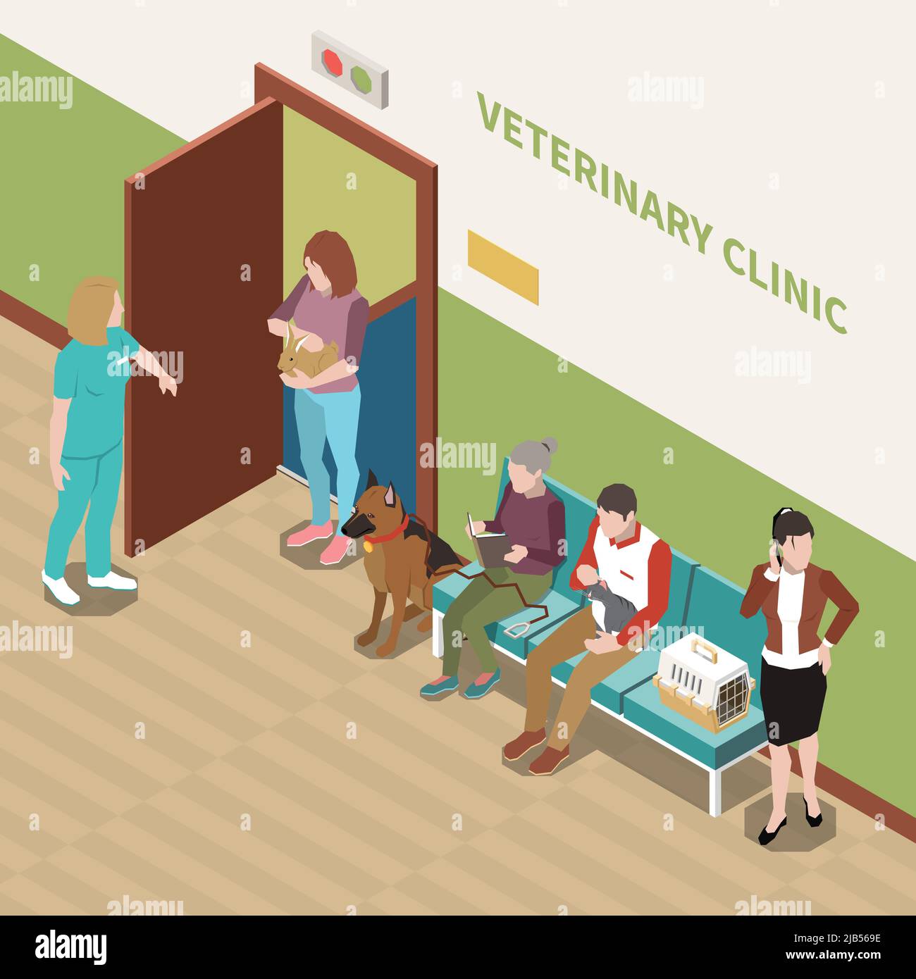 Tierbesitzer mit Katzen und Hunden in der Tierklinik Warteraum isometrische Innenansicht Vektor-Illustration Stock Vektor