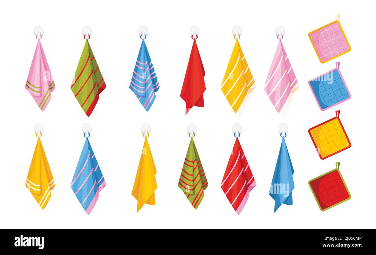Satz von isolierten Küchen-Icons mit Handtüchern unterschiedlicher Farbe hängen an Haken mit Topfhalter Vektor-Illustration Stock Vektor