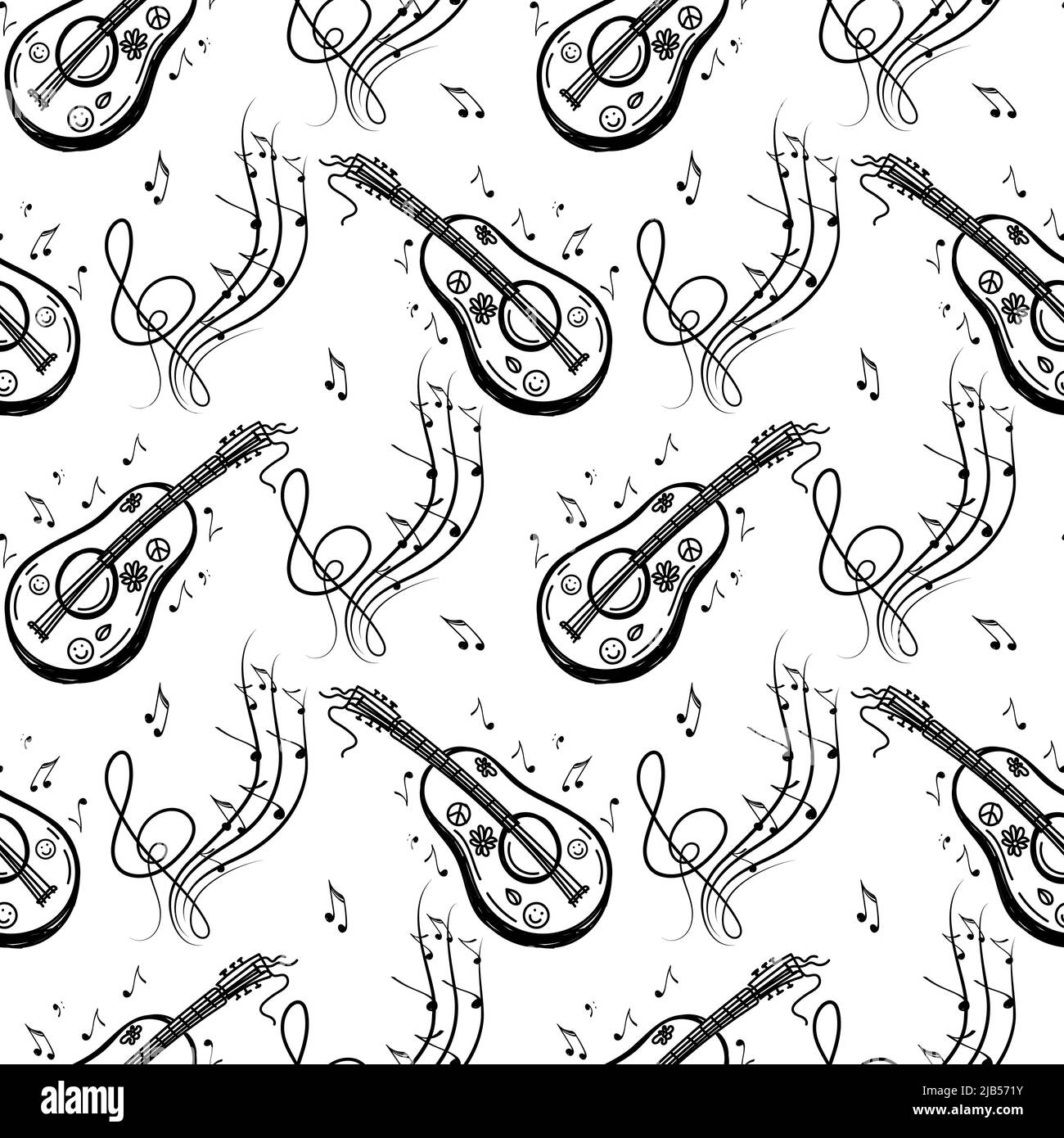 Ein nahtloses Muster aus musikalischen Symbolen, Gitarre, Ukulele, Noten, Geigenschlüsseln. Handgezeichnete Doodle-Stil-Elemente. Vektorgrafik Stock Vektor
