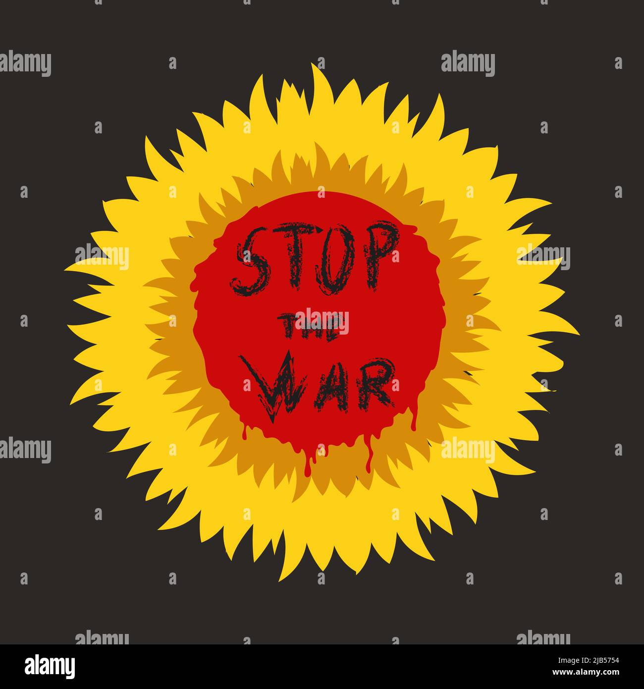 Kein Krieg. Stoppt den Krieg, die Inschrift auf der blutigen Sonnenblume, den Protest gegen Aggression und bewaffneten Angriff. Vektorgrafik Stock Vektor