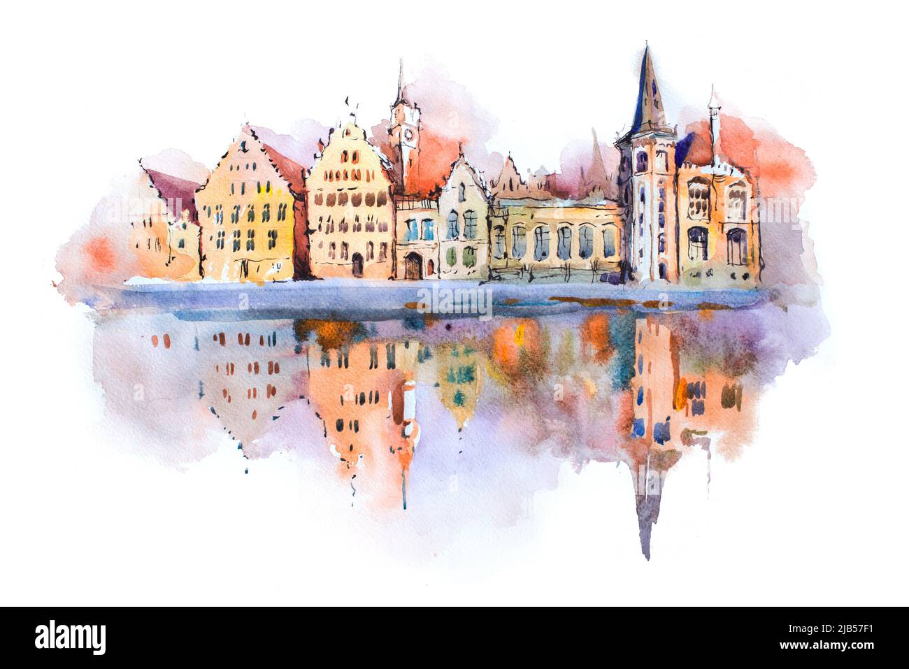 Stadtbild von Brügge Aquarellzeichnung, Belgien. Brügge Kanal Aquarellmalerei. Stockfoto