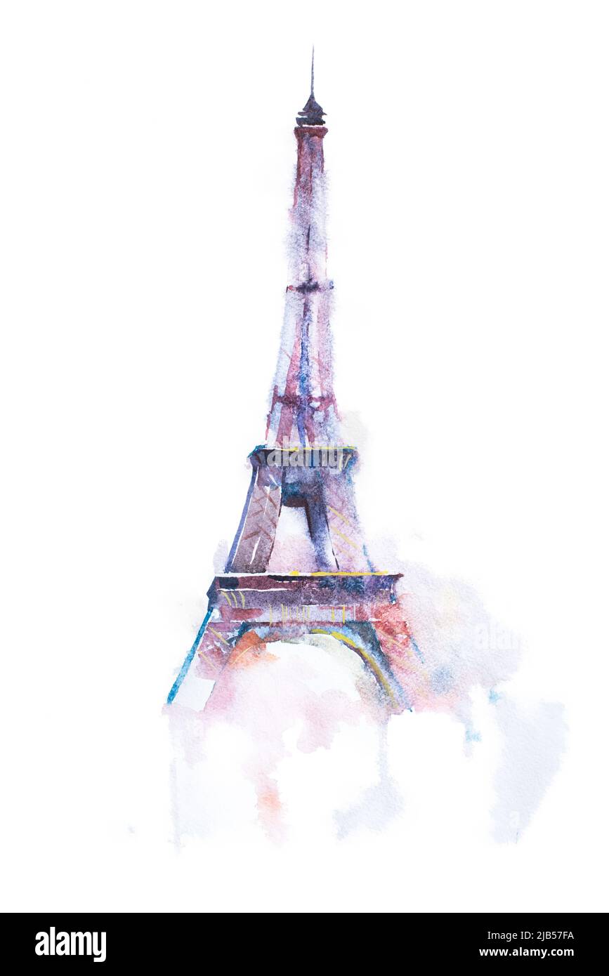 Aquarellzeichnung des Eiffelturms in Paris auf weißem Hintergrund. Stockfoto