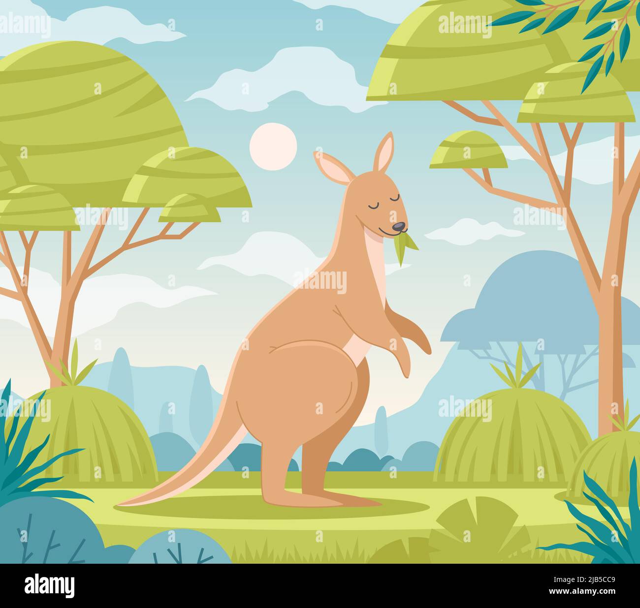 Australische flache Komposition mit niedlichen Cartoon Känguru Charakter auf Natur Landschaft Hintergrund Vektor Illustration Stock Vektor