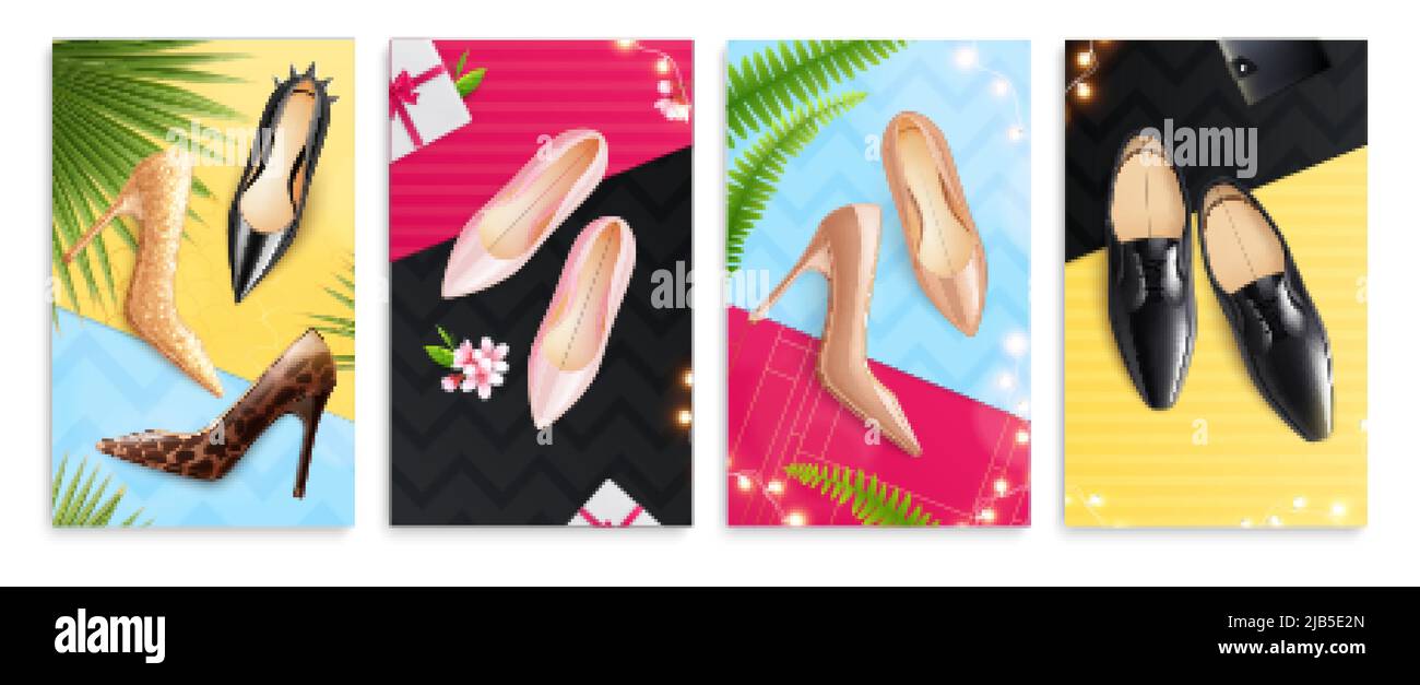 Lässig formell festlich klassisch Männer Frauen Schuhe 4 realistisch bunte Palmwedel Hintergrund Werbung Plakate Vektor Illustration Stock Vektor