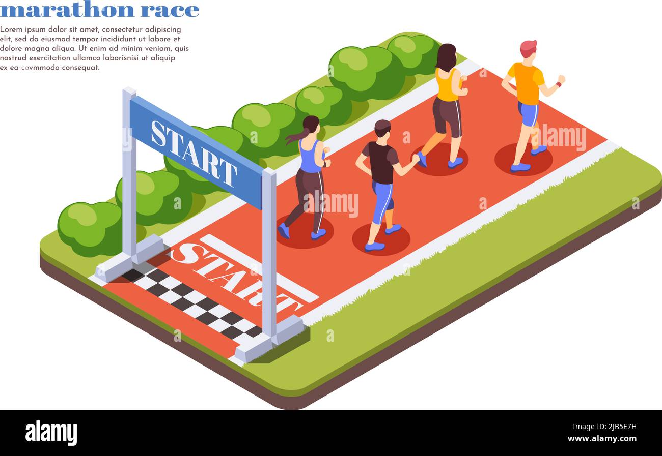 Marathonläufer isometrische Komposition mit Teilnehmern, die am sonnigen Sommertag einen Jogging-Wettbewerb starten, Text-Vektor-Illustrationen Stock Vektor